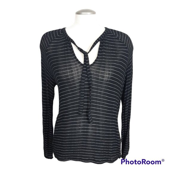 Lucky Brand Top Womens Large Tie Neck Keyhole Semi Sheer Boho Black White Stripe - Picture 1 of 6
